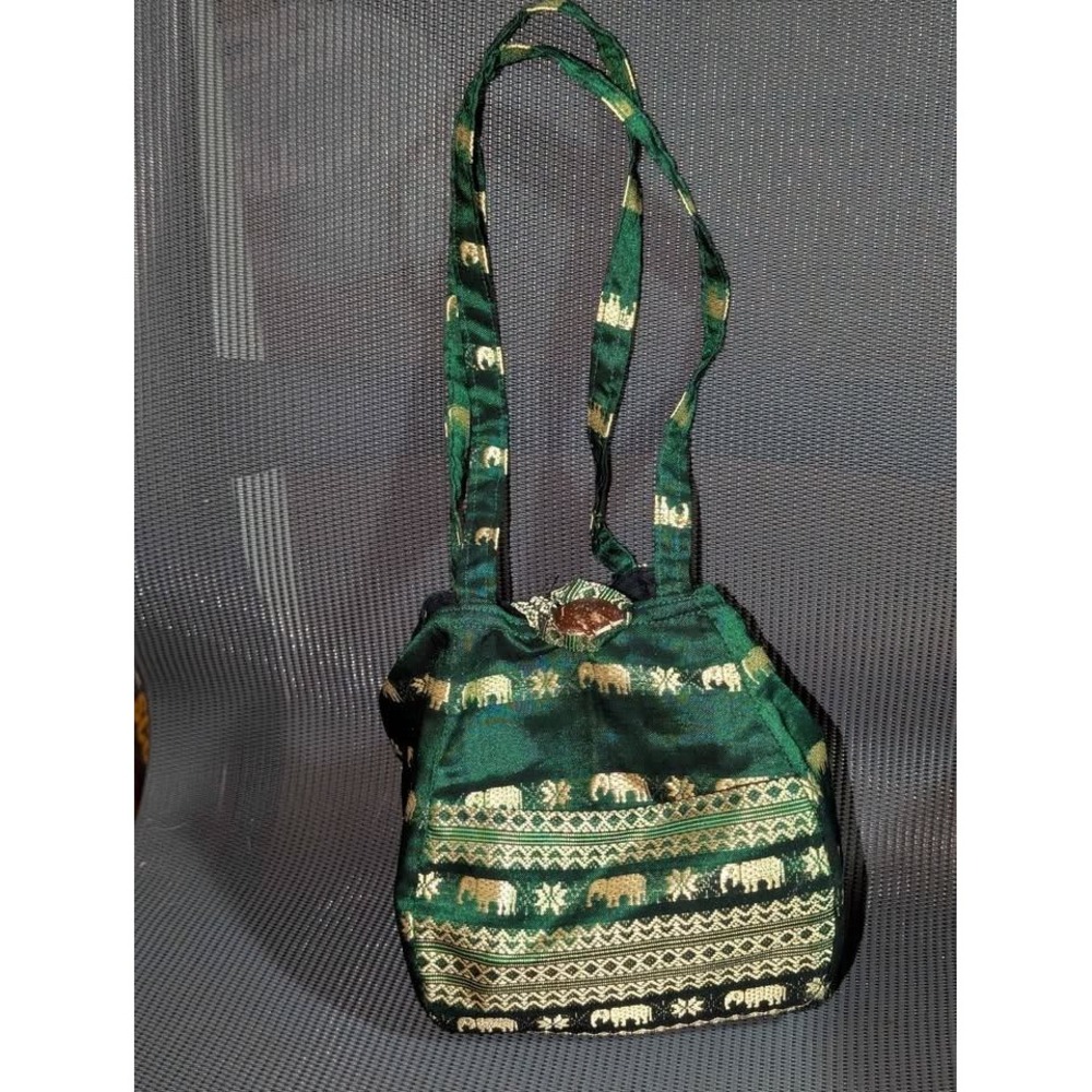 Boho Elephant Tapestry Shoulder Bag Green Gold Festival Hippie Purse